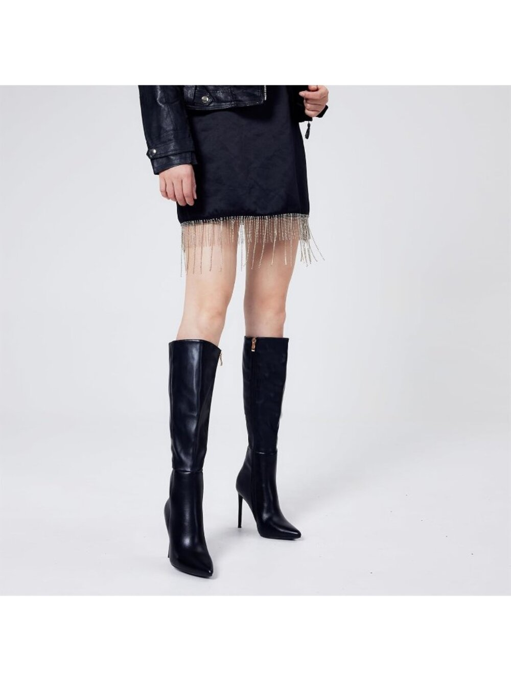 Women's Black Synthetic Rubber Stretch Suede Long Pointed Toe Over the Knee Boot - Picture 3 of 6